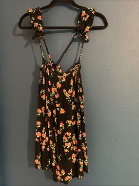 Free People Black Floral Mini Dress with Pink and Green Accents